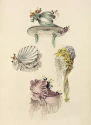 Hüte für einen Anlass, Modeplatte aus Ackermanns Repository of Arts