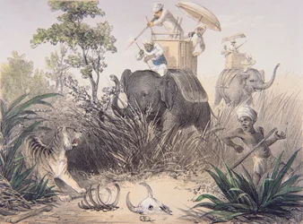 Britische Offiziere auf Tigerjagd in Indien