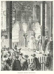 Buddhistische Priester bei der Zeremonie (Gravur)