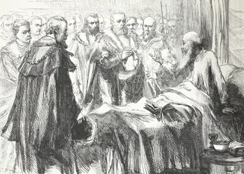 Calvin spricht den Rat zum letzten Mal an, Illustration aus Die Geschichte des Protestantismus von James Aitken Wylie, veröffentlicht 1878