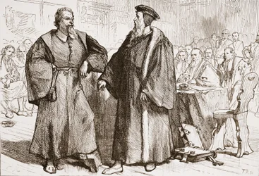Calvin und Servetus vor dem Rat von Genf, Illustration aus Die Geschichte des Protestantismus von James Aitken Wylie, veröffentlicht 1878
