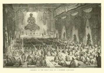 Zeremonie in der großen Halle eines buddhistischen Lamassery