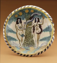 Ladeplatte mit der biblischen Geschichte von Adam und Eva im Garten Eden, ca. 1680