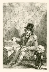 Charles Wood, ein blinder Mann, mit einer Orgel und einem tanzenden Hund