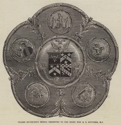 Getriebener silbervergoldeter Schild, präsentiert an den ehrenwerten E P Bouverie, MP (Gravur)