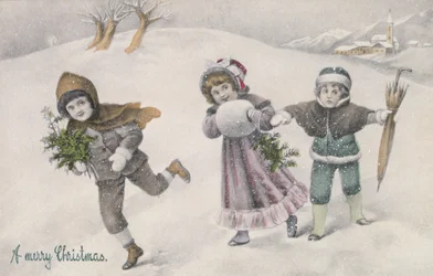 Kinder im Schnee, viktorianische Postkarte