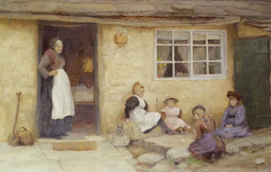 Kinder spielen Würfel vor einem Cottage