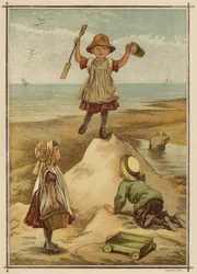 Kinder spielen König des Schlosses am Strand