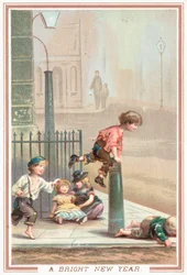 Kinder spielen Bockspringen auf der Straße, Neujahrskarte