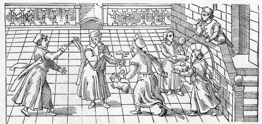 Kinderspiele: die Rassel, die Mühle, das Steckenpferd und Seifenblasen