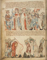 Christus vor Herodes und vor Pilatus; Herodes wäscht seine Hände; die Geißelung Christi, Add. 47682, f.30v, ca. 1320-30