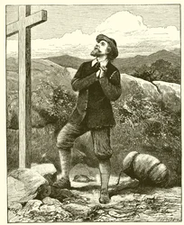 Christ vor dem Kreuz. Seine Last fiel von seinem Rücken und begann zu rollen