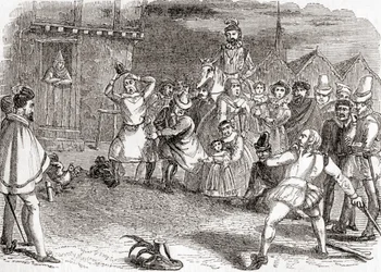Hahnenwerfen, auch bekannt als Cock-shying oder Werfen auf Hähne, aus "Old England: A Pictorial Museum", veröffentlicht 1847