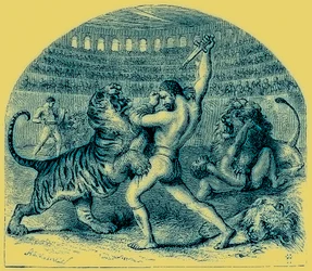Kampf der Gladiatoren mit wilden Tieren, Illustration aus Die illustrierte Geschichte der Welt, veröffentlicht um 1880 (digital verbessert)