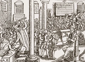 Zeitgenössischer Holzschnitt einer Tudor-Grundschule