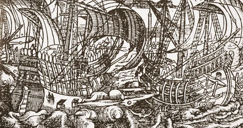 Zeitgenössischer Holzschnitt eines Kriegsschiffs auf See
