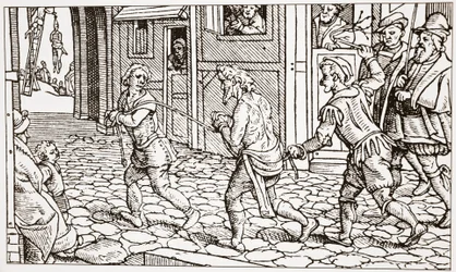 Zeitgenössischer Holzschnitt, der einen Vagabunden zeigt, der durch die Straßen einer Stadt gepeitscht wird