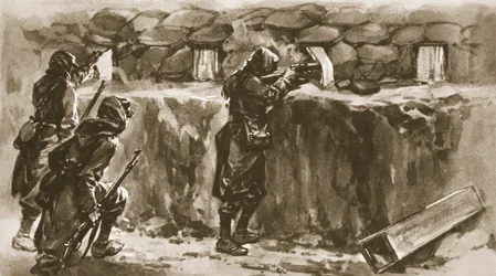 Fenstervorhänge als Schießschartenabdeckungen: Ein französischer Trick, um den Feindschützen zu täuschen, aus The Illustrated War News, 1915