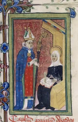 St. Bridget überbringt eine Botschaft von Christus an einen Bischof, aus 