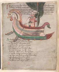 Cotton Tiberius B. V, Teil 1, f.40v, Ein Schiff, mit Turm und einem Schlangenkopf