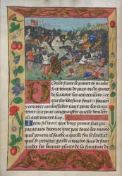 Der König von England auf einem weißen Pferd, der den fliehenden König von Frankreich jagt, aus Robert de Balsacs Handbuch über Kriegsführung zur Unterweisung eines Prinzen, ca. 1490er (Pergament)
