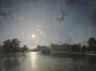 Landhaus über einem See im Mondlicht, ca. 1850