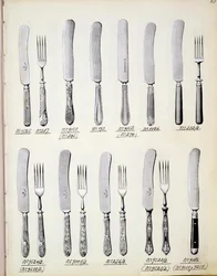 Besteckdesigns, aus einem Handelskatolog für Haushaltswaren und Einrichtungsgegenstände, ca. 1890-1910