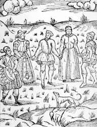 Tanz mit einem Trommler, aus The Doome warning all men to the Judgement von Stephen Bateman, 1581