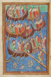Dänen unter Hinguar und Hubba landen in Britannien, aus der Miscellany über das Leben von St. Edmund, Bury St Edmunds, ca. 1130