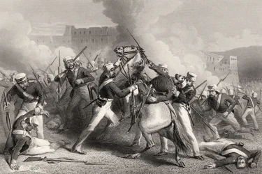 Tod von Brigadegeneral Adrian Hope beim Angriff auf das Fort von Roodmow, 15. April 1858, aus 