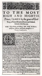 Widmungsseite in der Heiligen Bibel, veröffentlicht von Robert Barker, 1611