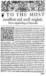 Widmung an den König von Polen Sigismund II. August im Der Ratgeber, die erste englische Übersetzung von Wawrzyniec Grzymała Goślickis De optimo senatore, 1598