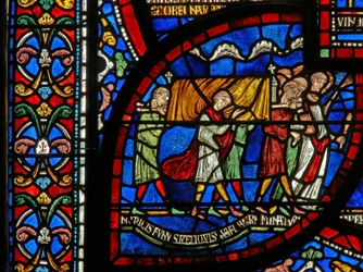 Detail aus dem Wunderfenster, das die Geschichte von Jordan Fitzeisulf darstellt
