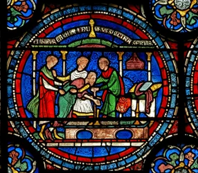 Detail des Wunderfensters, das Robert von Cricklade am Grab zeigt (Detail)