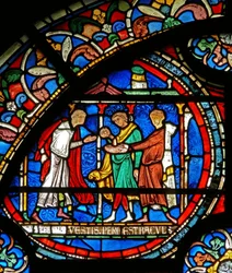 Detail des Wunderfensters, das Pilger zeigt, die am Schrein von St. Thomas geheilt werden (Detail)