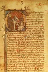 Detail eines ornamentalen Buchstabens in einem Manuskript aus dem 14. Jahrhundert. Duns Scotus lehrt seine Schüler