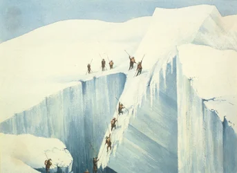 Schwieriger Durchgang einer Spalte, aus Einem Bericht über den Aufstieg zum Gipfel des Mont Blanc von Charles Fellows, veröffentlicht 1827