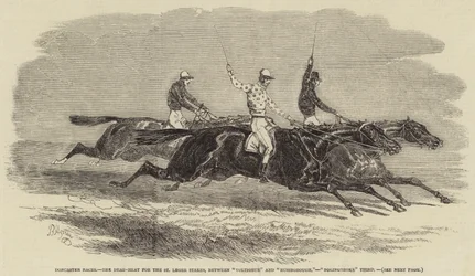 Doncaster-Rennen, das tote Rennen um die St. Leger Stakes, zwischen "Voltigeur" und "Russborough", "Bolingbroke" Dritter (Gravur)