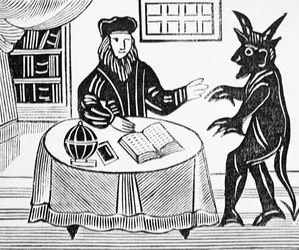 Dr. Faustus im Rat mit dem Teufel, aus Gents Übersetzung von Dr. Faustus von Christopher Marlowe (1564-93) 1648 aus einer Sammlung von Chapbooks über Esoterik