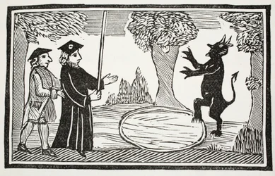 Dr. Faustus beschwört den Teufel, Illustration aus Chap-books of the Eighteenth Century von John Ashton, veröffentlicht 1882