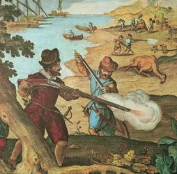 Niederländische Seeleute, bewaffnet mit Luntenschlossmusketen, schießen Kamele, um ihre Schiffe neu zu beladen