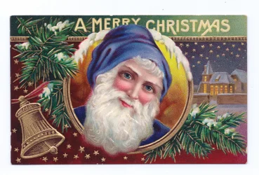 Edwardianische Weihnachtskarte von Weihnachtsmann mit Mistelzweig und Glocke, ca. 1910