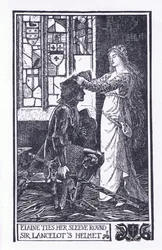 Elaine bindet ihren Ärmel um Sir Lancelots Helm, Illustration aus 