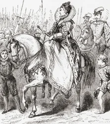 Elisabeth I inspiziert ihre Truppen im Hafen von Tilbury, 1588, aus Ward und Locks Illustrierter Geschichte der Welt, ca. 1882