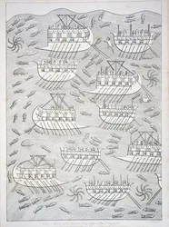 Feinde der Assyrer suchen Zuflucht in Schiffen, Tafel 71 aus Ninive und seine Überreste von Austen Henry Layard (1817-94) veröffentlicht 1849