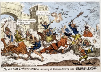 Englische Karikatur über die Ankunft der napoleonischen Armee in Warschau nach dem russischen Rückzug im Dezember 1812