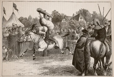 Englische Fröhlichkeit im 14. Jahrhundert: Tjost am Quintain, Illustration aus Cassells Illustrierter Geschichte Englands
