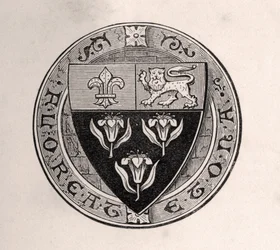 Eton-Schild über Rundel mit Schulmotto, Illustration aus Memoirs of Eminent Etonians von Sir Edward Creasy, veröffentlicht in London 1876
