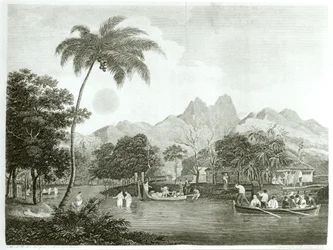 Europäische Missionare in einem tahitianischen Dorf, aus A Missionary Voyage to the Southern Pacific Ocean Performed in the Years 1796-98 in the Ship Duff, veröffentlicht 1799