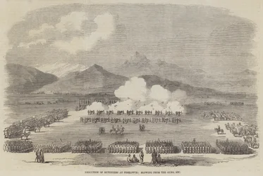 Hinrichtung von Meuterern in Peshawur, durch Kanonen